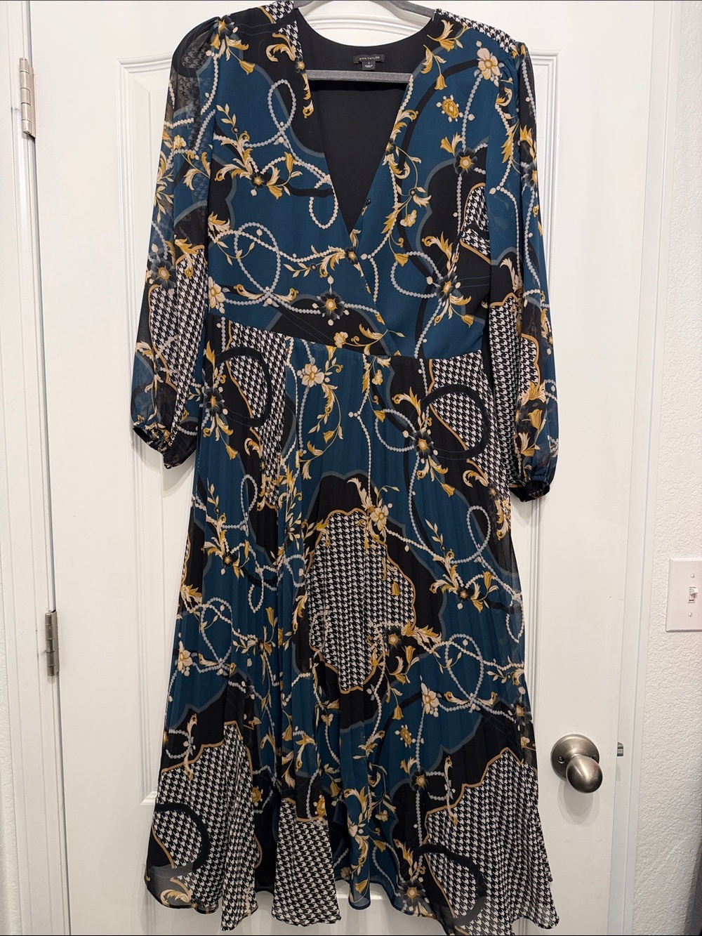 Ann Taylor Teal & Black Mixed-Print Midi Dress